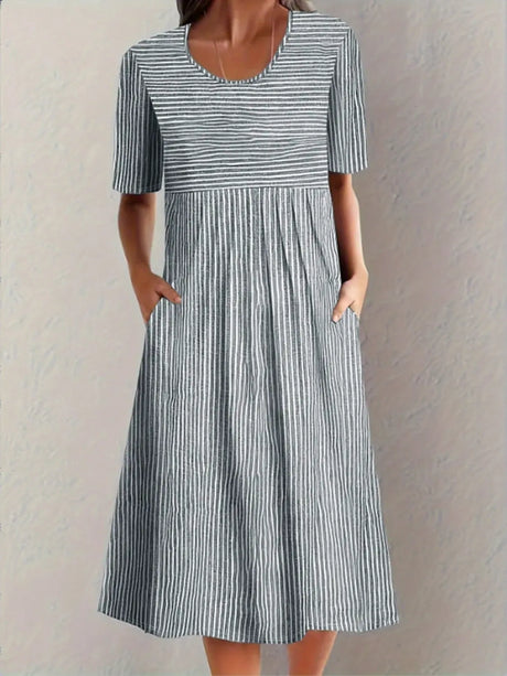 Striped Round Neck Short Sleeve Midi Dress | Hanalas