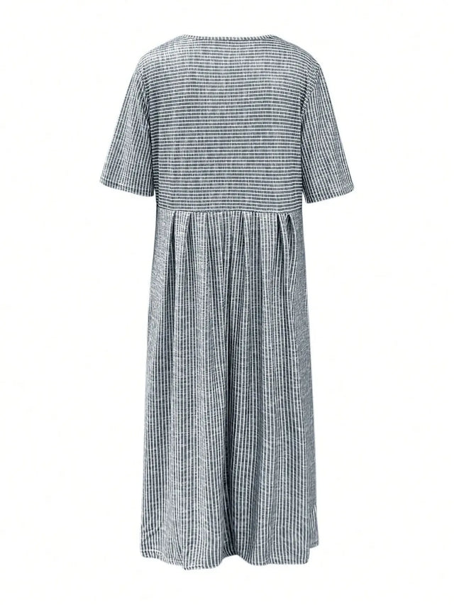 Striped Round Neck Short Sleeve Midi Dress | Hanalas