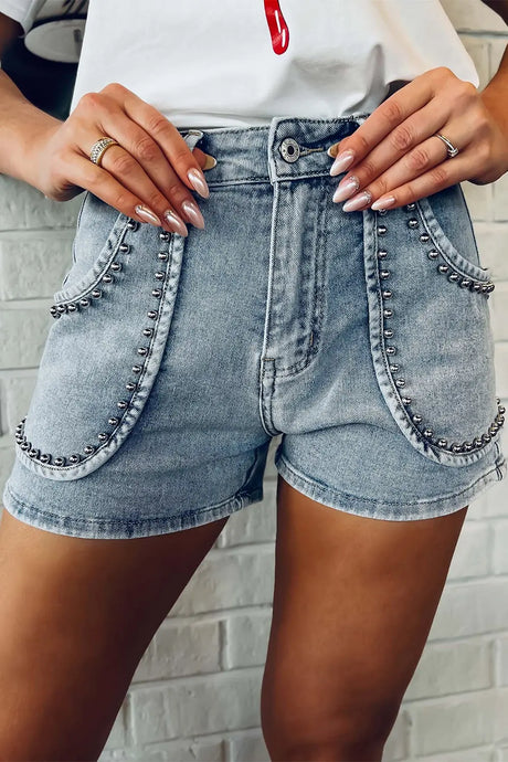 Studded Acid Wash Denim Shorts | Hanalas