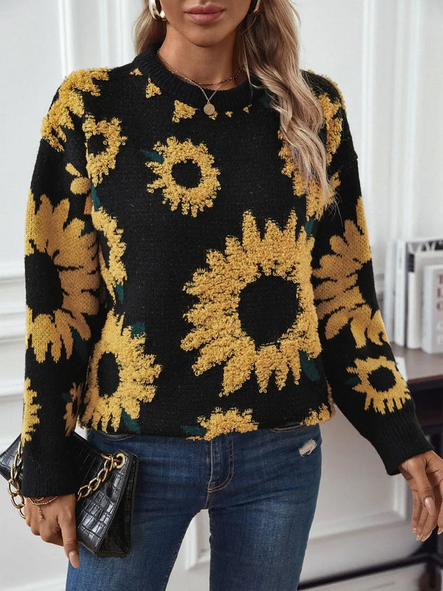 Sunflower Round Neck Long Sleeve Sweater Trendsi Hanalas