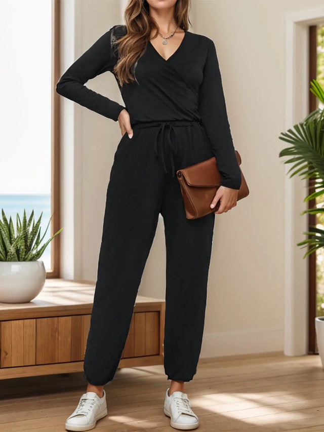 Surplice Tie Waist Long Sleeve Jumpsuit Trendsi Hanalas