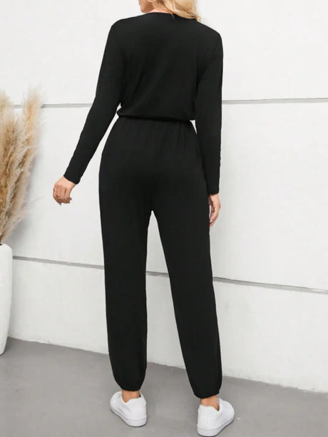 Surplice Tie Waist Long Sleeve Jumpsuit Trendsi Hanalas