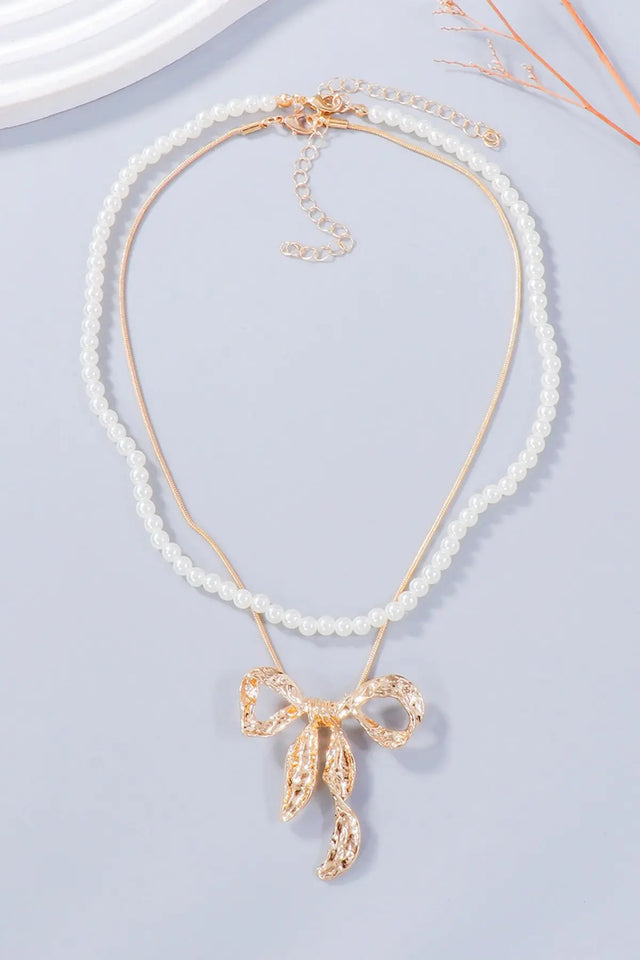 Synthetic Pearl Necklace, Bow Necklace and Bow Earrings Jewelry Set | Hanalas