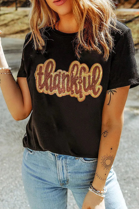 THANKFUL Sequin Round Neck Short Sleeve T-Shirt Trendsi Hanalas