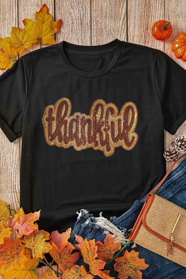 THANKFUL Sequin Round Neck Short Sleeve T-Shirt Trendsi Hanalas