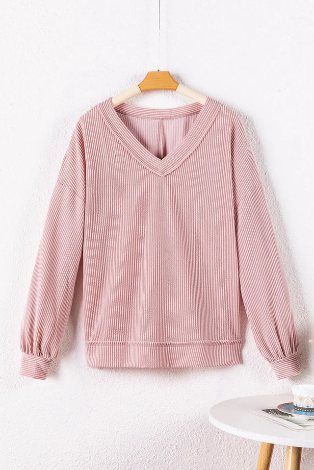 Texture V-Neck Long Sleeve Sweatshirt | Hanalas