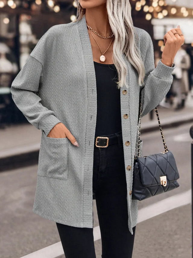 Textured Button Down V-Neck Long Sleeve Cardigan Trendsi Hanalas