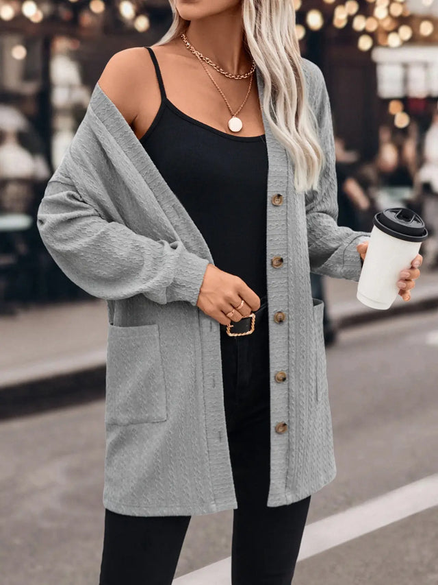 Textured Button Down V-Neck Long Sleeve Cardigan Trendsi Hanalas