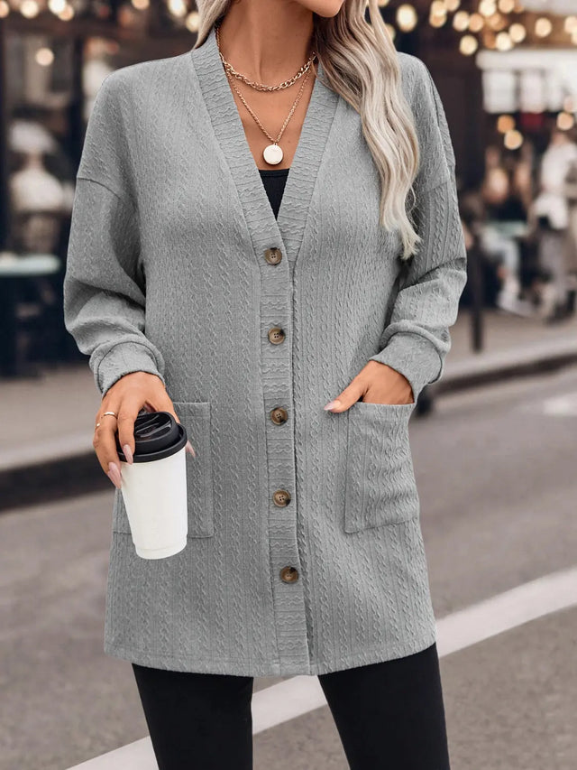 Textured Button Down V-Neck Long Sleeve Cardigan Trendsi Hanalas