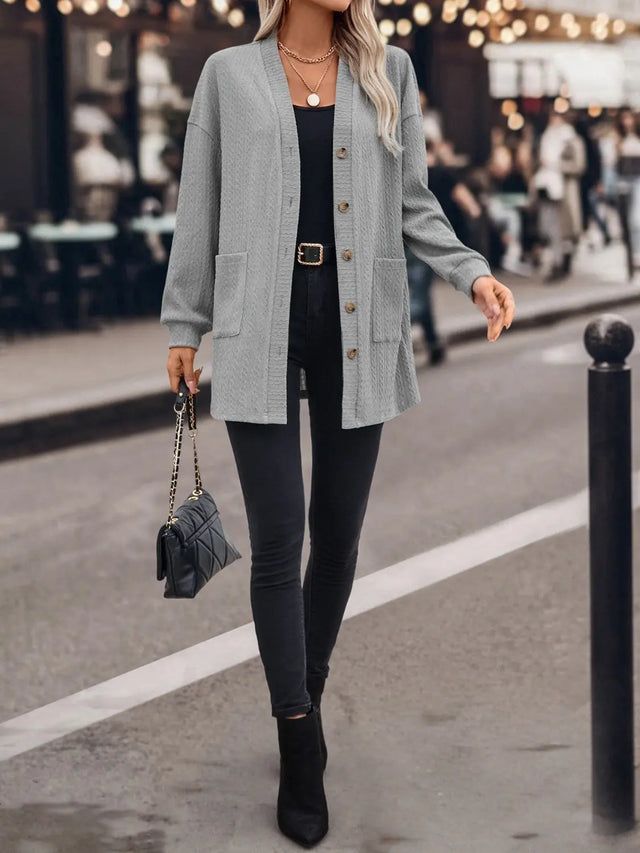 Textured Button Down V-Neck Long Sleeve Cardigan Trendsi Hanalas