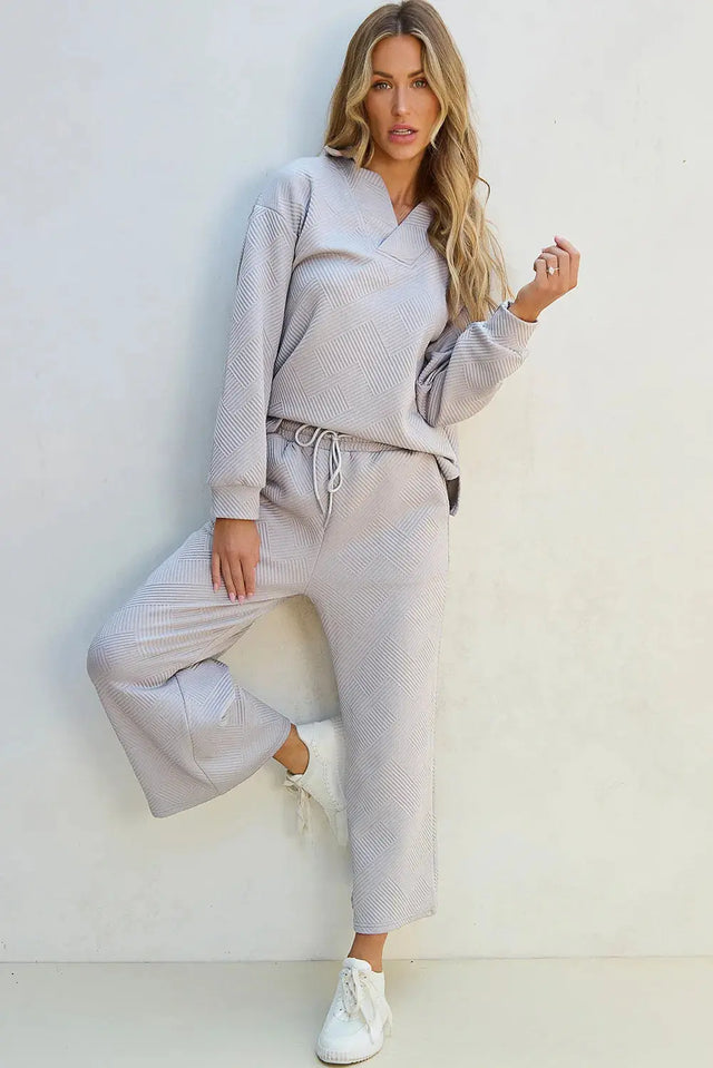 Textured Long Sleeve Top and Drawstring Pants Set Trendsi Hanalas