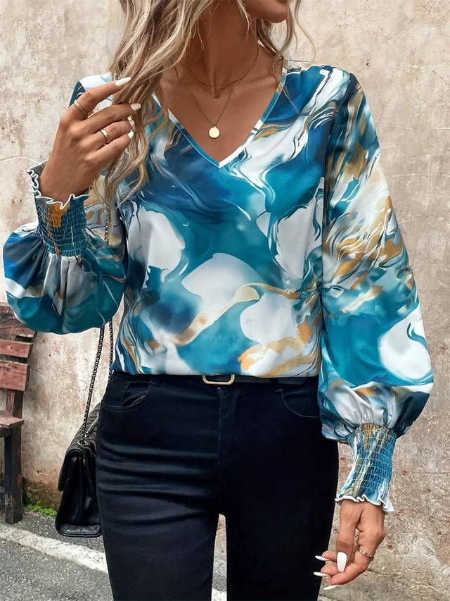 Tie-Dye V-Neck Long Sleeve Blouse Trendsi Hanalas