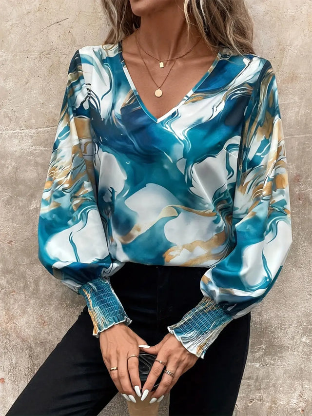 Tie-Dye V-Neck Long Sleeve Blouse Trendsi Hanalas