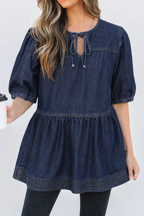 Tie Neck Babydoll Denim Top | Hanalas