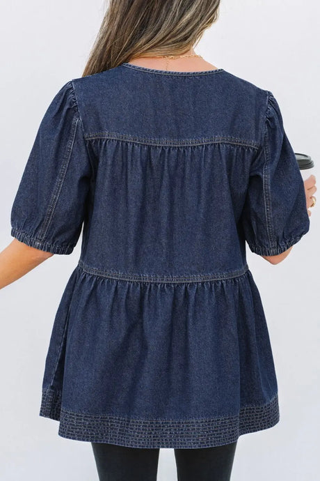 Tie Neck Babydoll Denim Top | Hanalas