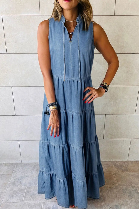 Tie Neck Tiered Maxi Denim Dress | Hanalas