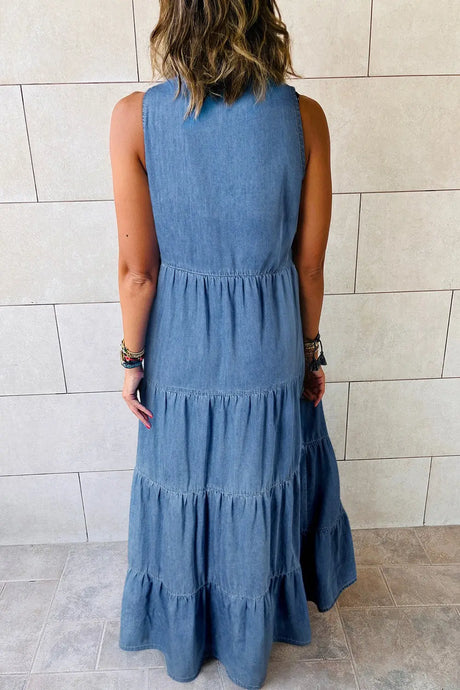 Tie Neck Tiered Maxi Denim Dress | Hanalas