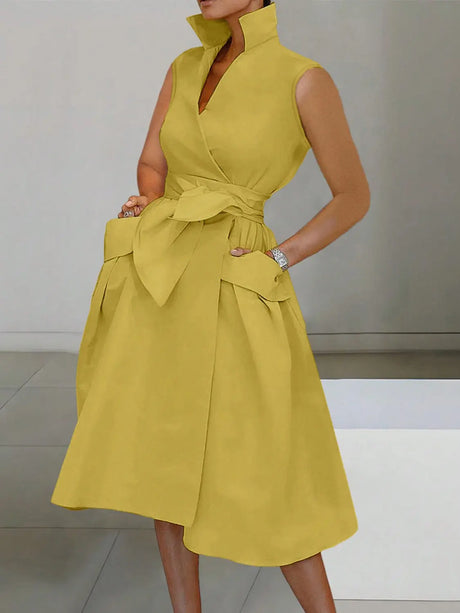 Tie Waist Sleeveless Midi Dress with Pockets | Hanalas