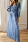 Tied Plunge Three-Quarter Sleeve Denim Dress Trendsi Hanalas