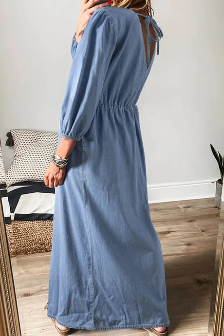 Tied Plunge Three-Quarter Sleeve Denim Dress Trendsi Hanalas