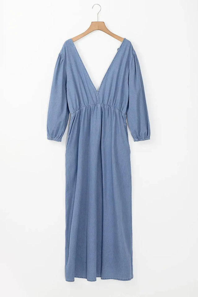 Tied Plunge Three-Quarter Sleeve Denim Dress Trendsi Hanalas