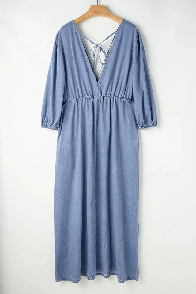 Tied Plunge Three-Quarter Sleeve Denim Dress Trendsi Hanalas