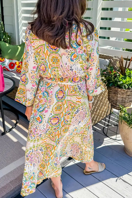 Tied Printed Long Sleeve Midi Dress Trendsi Hanalas