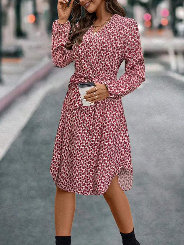 Tied Printed Notched Balloon Sleeve Dress Trendsi Hanalas