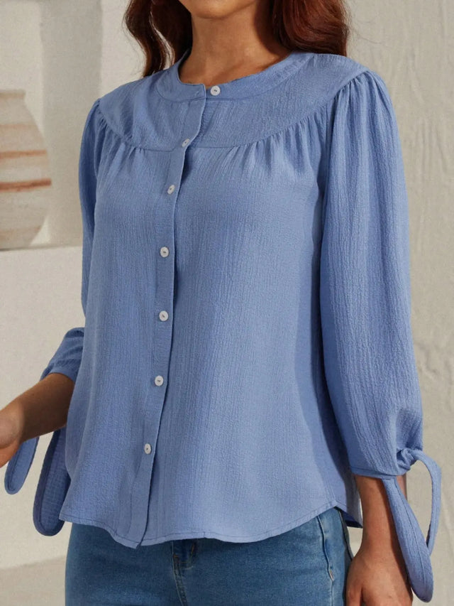 Tied Round Neck Three-Quarter Sleeve Shirt Trendsi Hanalas