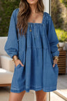 Tied Square Neck Long Sleeve Denim Dress with Pockets Trendsi Hanalas