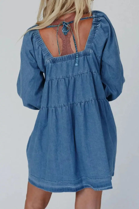 Tied Square Neck Long Sleeve Denim Dress with Pockets Trendsi Hanalas