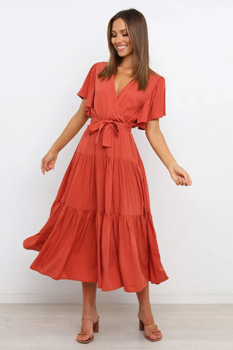 Tied Tiered Short Sleeve Midi Dress | Hanalas