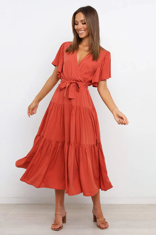 Tied Tiered Short Sleeve Midi Dress | Hanalas