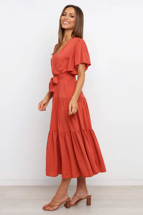 Tied Tiered Short Sleeve Midi Dress | Hanalas