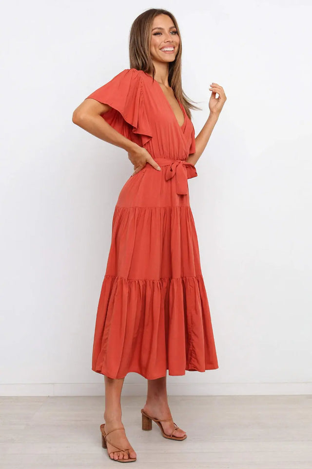 Tied Tiered Short Sleeve Midi Dress | Hanalas