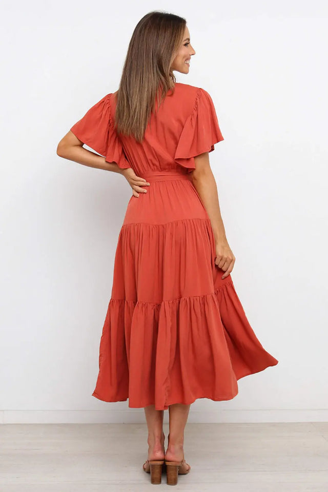 Tied Tiered Short Sleeve Midi Dress | Hanalas