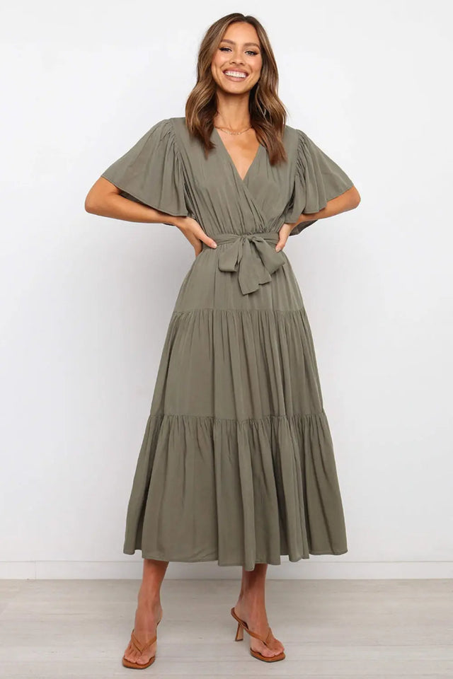 Tied Tiered Short Sleeve Midi Dress | Hanalas