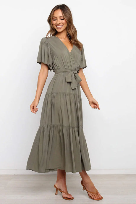 Tied Tiered Short Sleeve Midi Dress | Hanalas