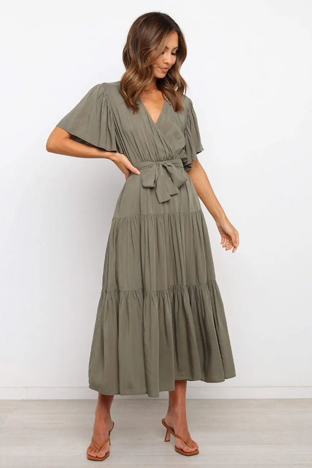 Tied Tiered Short Sleeve Midi Dress | Hanalas