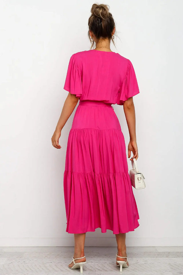 Tied Tiered Short Sleeve Midi Dress | Hanalas