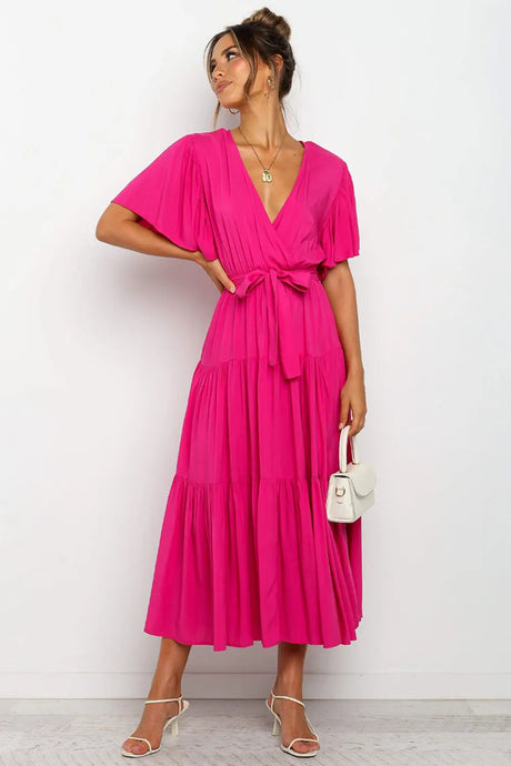 Tied Tiered Short Sleeve Midi Dress | Hanalas