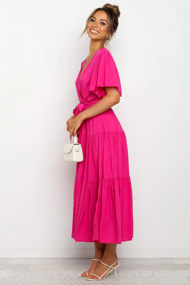 Tied Tiered Short Sleeve Midi Dress | Hanalas