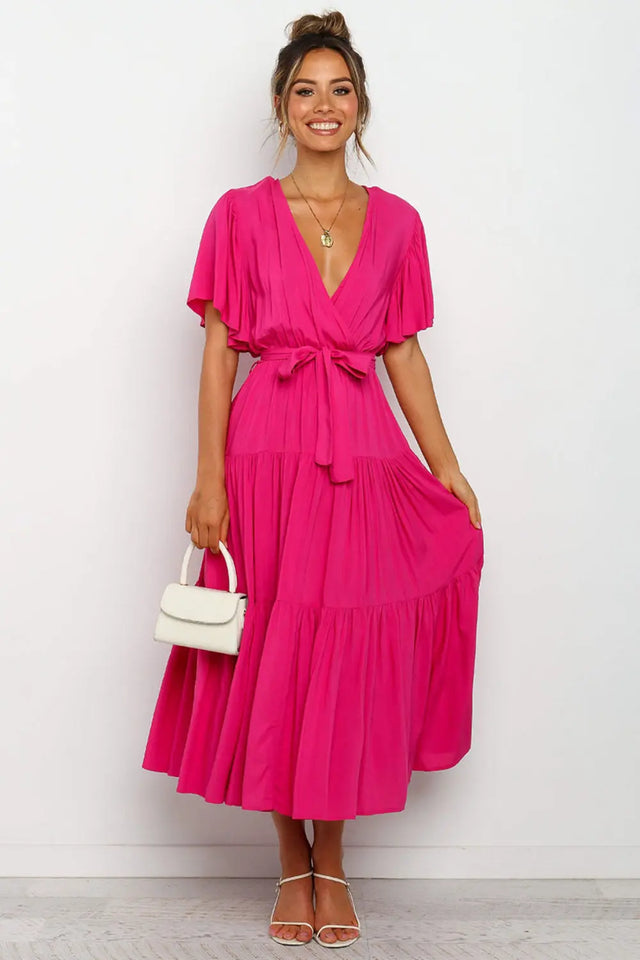Tied Tiered Short Sleeve Midi Dress | Hanalas