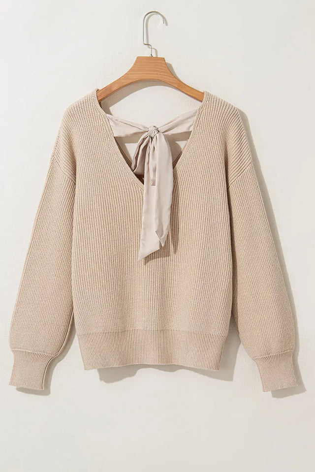 Tied V-Neck Long Sleeve Sweater Trendsi Hanalas