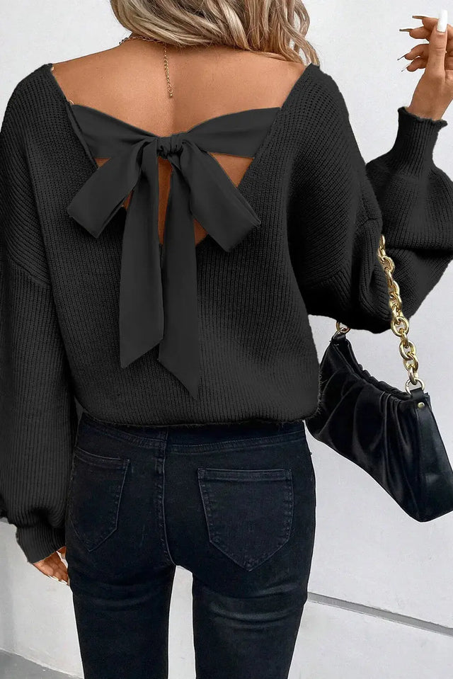 Tied V-Neck Long Sleeve Sweater Trendsi Hanalas