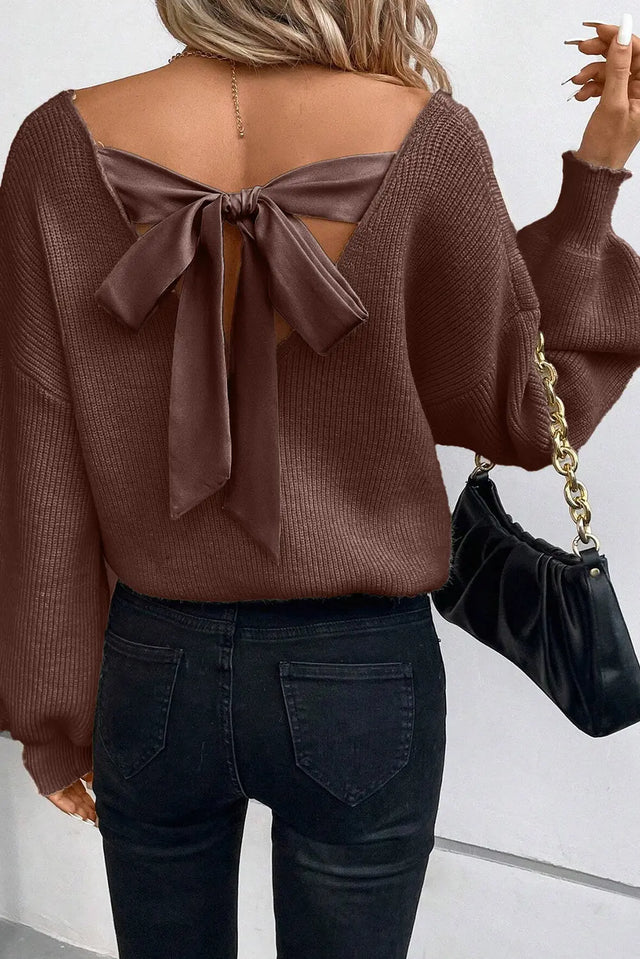 Tied V-Neck Long Sleeve Sweater Trendsi Hanalas