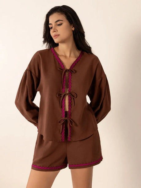 Tied V-Neck Long Sleeve Top and Shorts Set | Hanalas