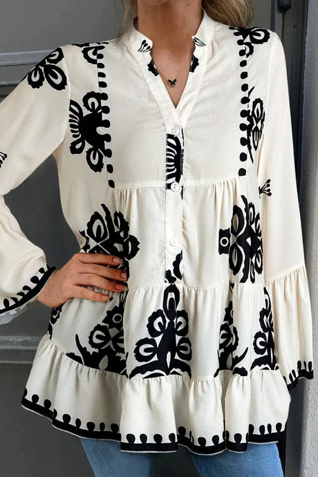 Tiered Printed Notched Long Sleeve Blouse Trendsi Hanalas