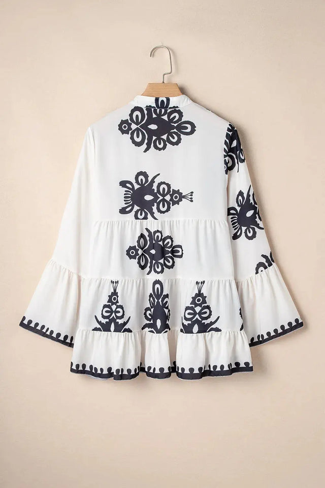 Tiered Printed Notched Long Sleeve Blouse Trendsi Hanalas