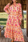 Tiered Printed Notched Long Sleeve Midi Dress Trendsi Hanalas